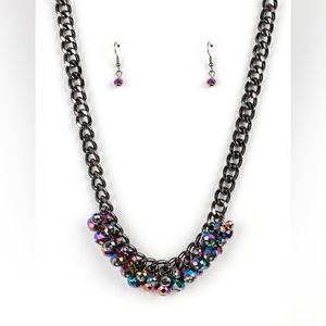 Chunky Gunmetal Chain oil spill Iridescent Necklace